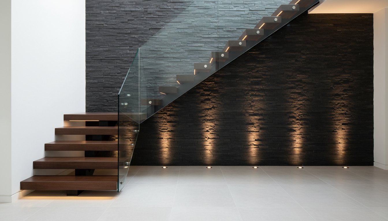 Indoor stairs — Stone wall — LED lighting 3000K