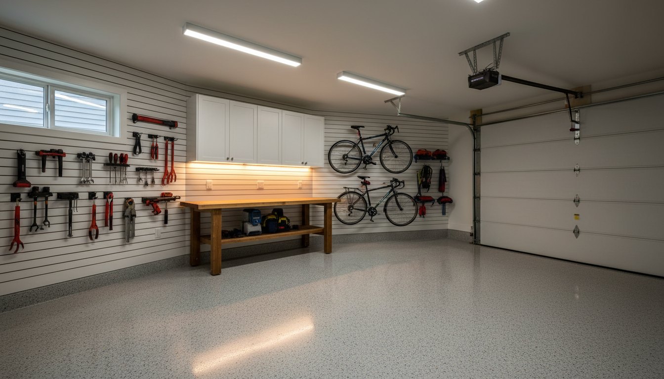 Garage résidentiel — éclairage LED 3000K