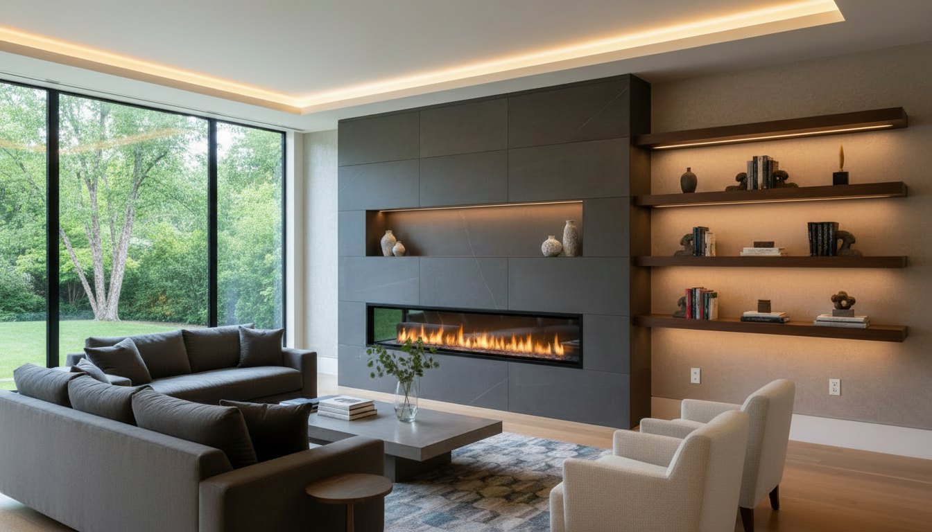 Living room — Fireplace & shelves — LED lighting 3000K
