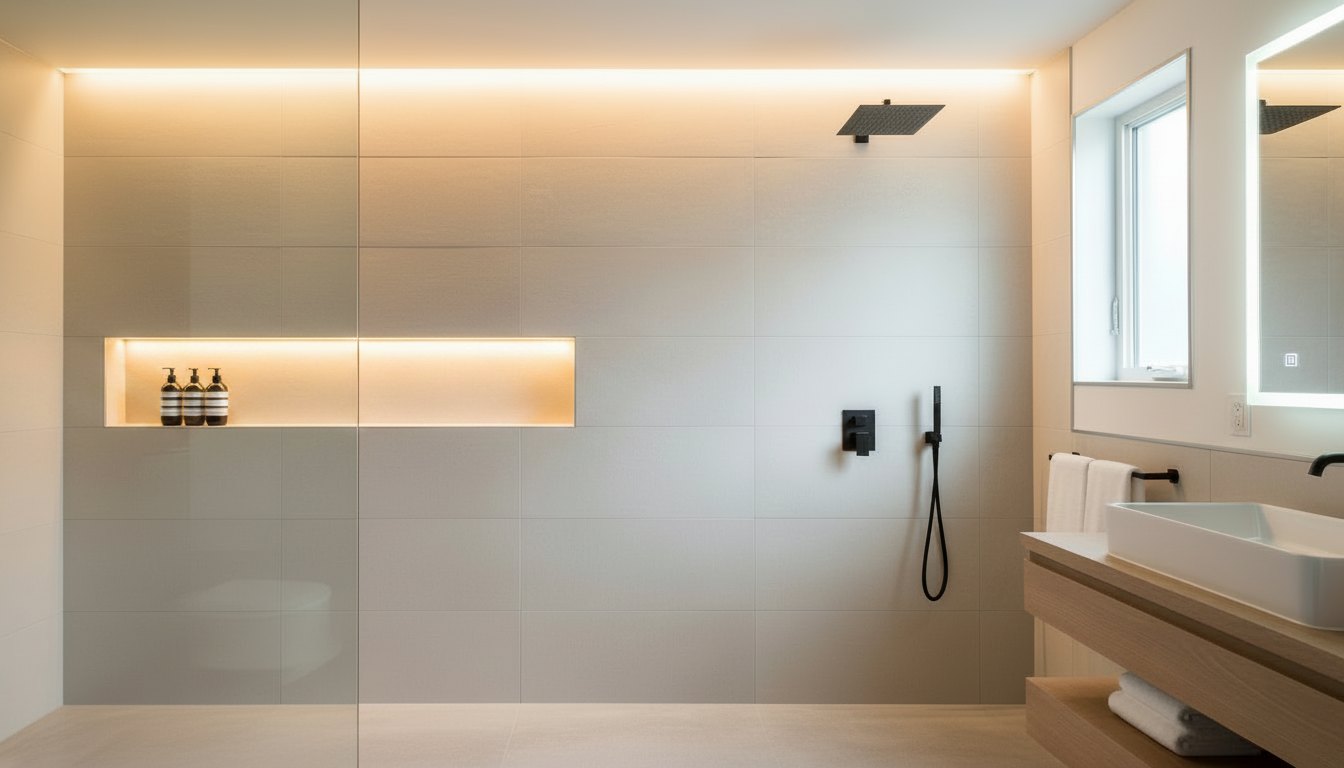 Salle de bain — Mur de douche lavé — éclairage LED 3000K